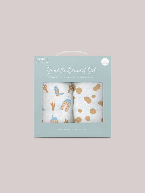 2-pack-square-swaddle-blanket-set-howdy-partner-blue jujube bags at sophiasstyle.com Swaddle Blanket Sets